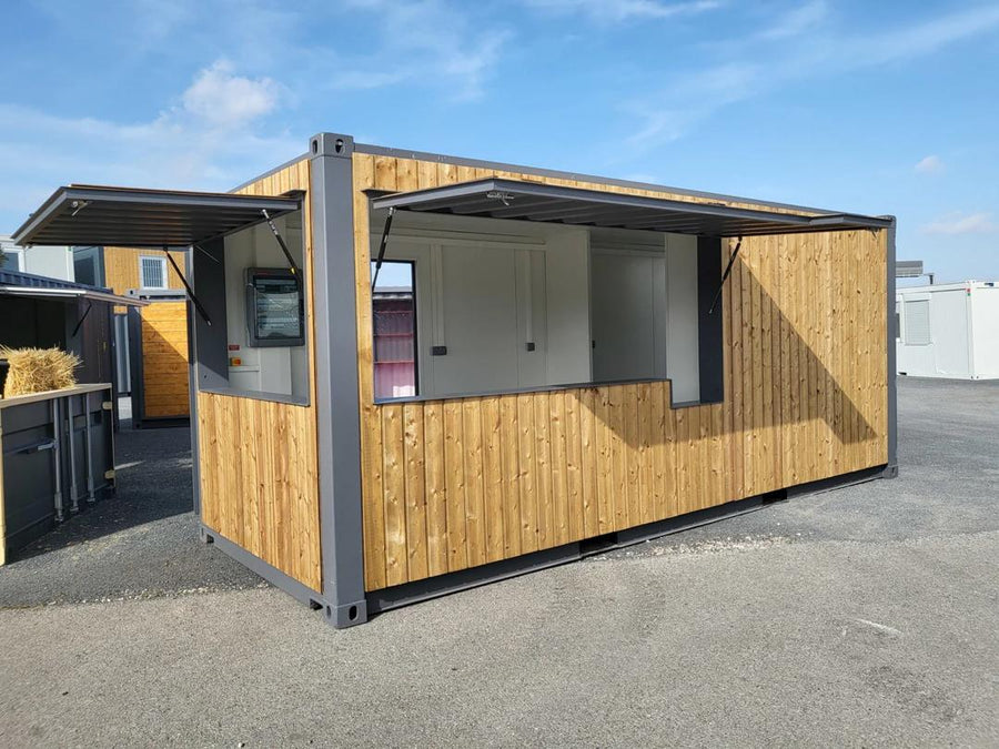 Conteneur Bar mobile 20 pieds 15 m² avec revêtement en bois et ouverture basculante